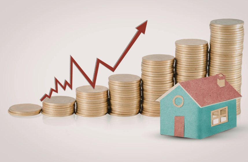 Coin stacks and a house model illustrating income vs appreciation in long-term asset growth