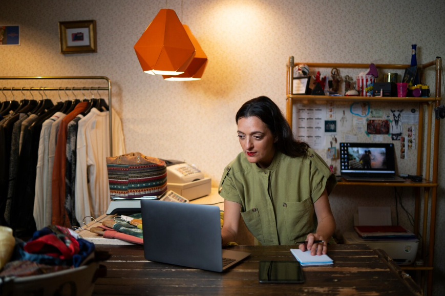 Small business owner working on a laptop to build a side hustle to full income